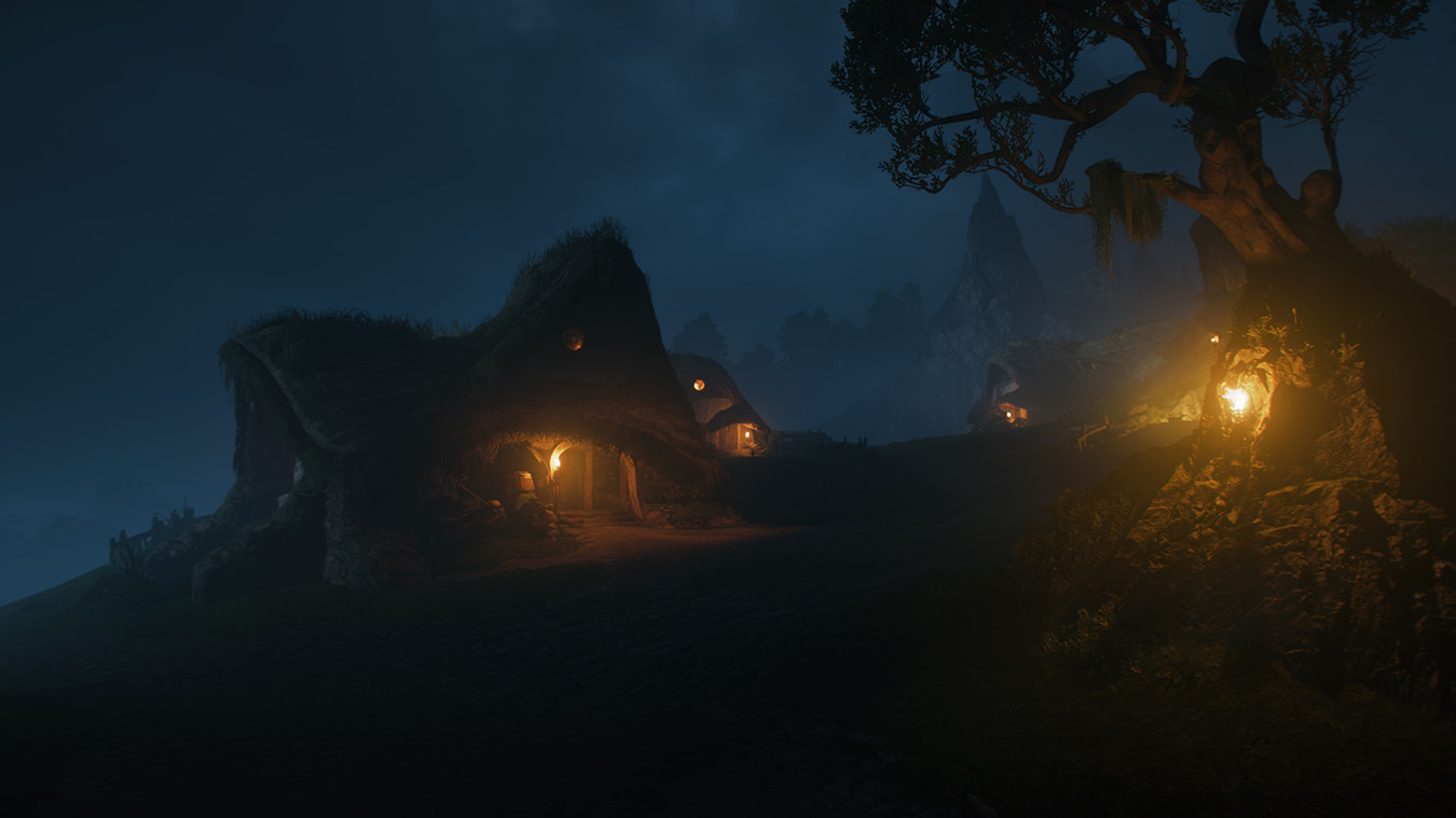 Lantern-lit cottages and stone streets in a medieval fantasy village at night.